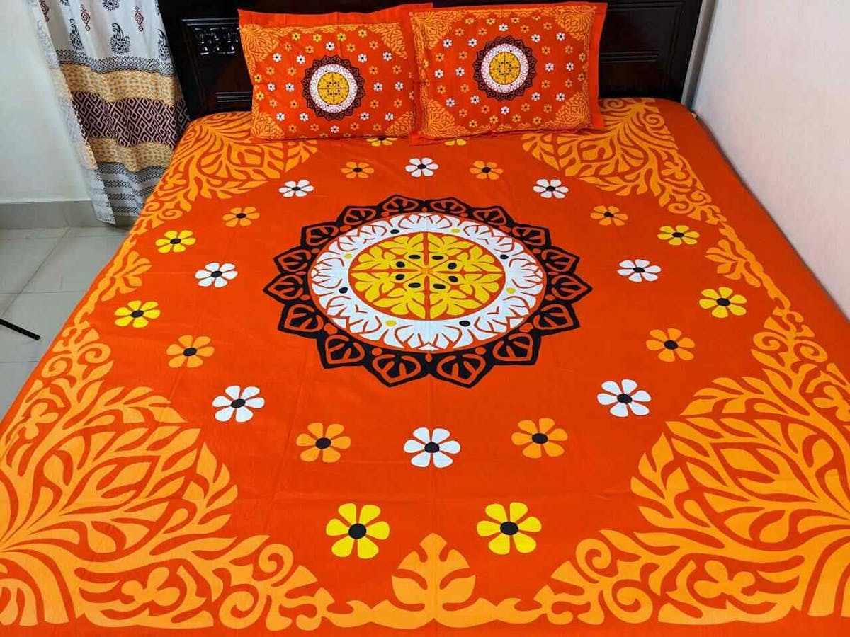 Orange Color Best Panel design Premium Quality Bedsheet  (৩ পিসের সেট)