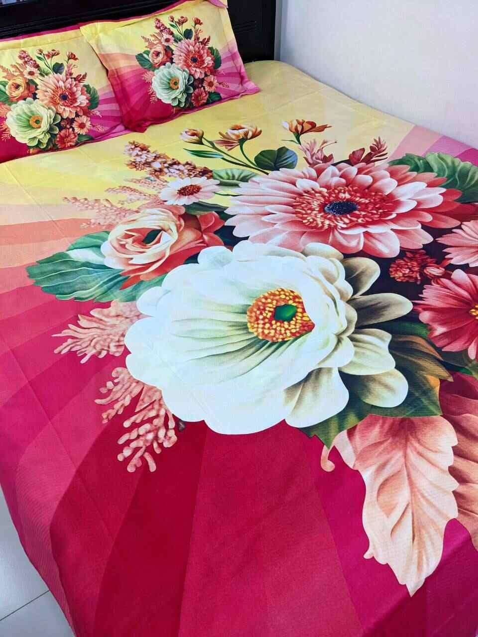 100% Cotton Panel design Flowers Are Rich High Quality Bedsheet  (৩ পিসের সেট)