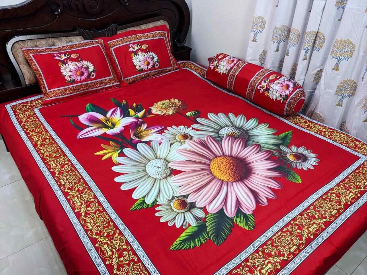 100% Cotton King Size Bedsheet (Many flowers together)  (৩ পিসের সেট)